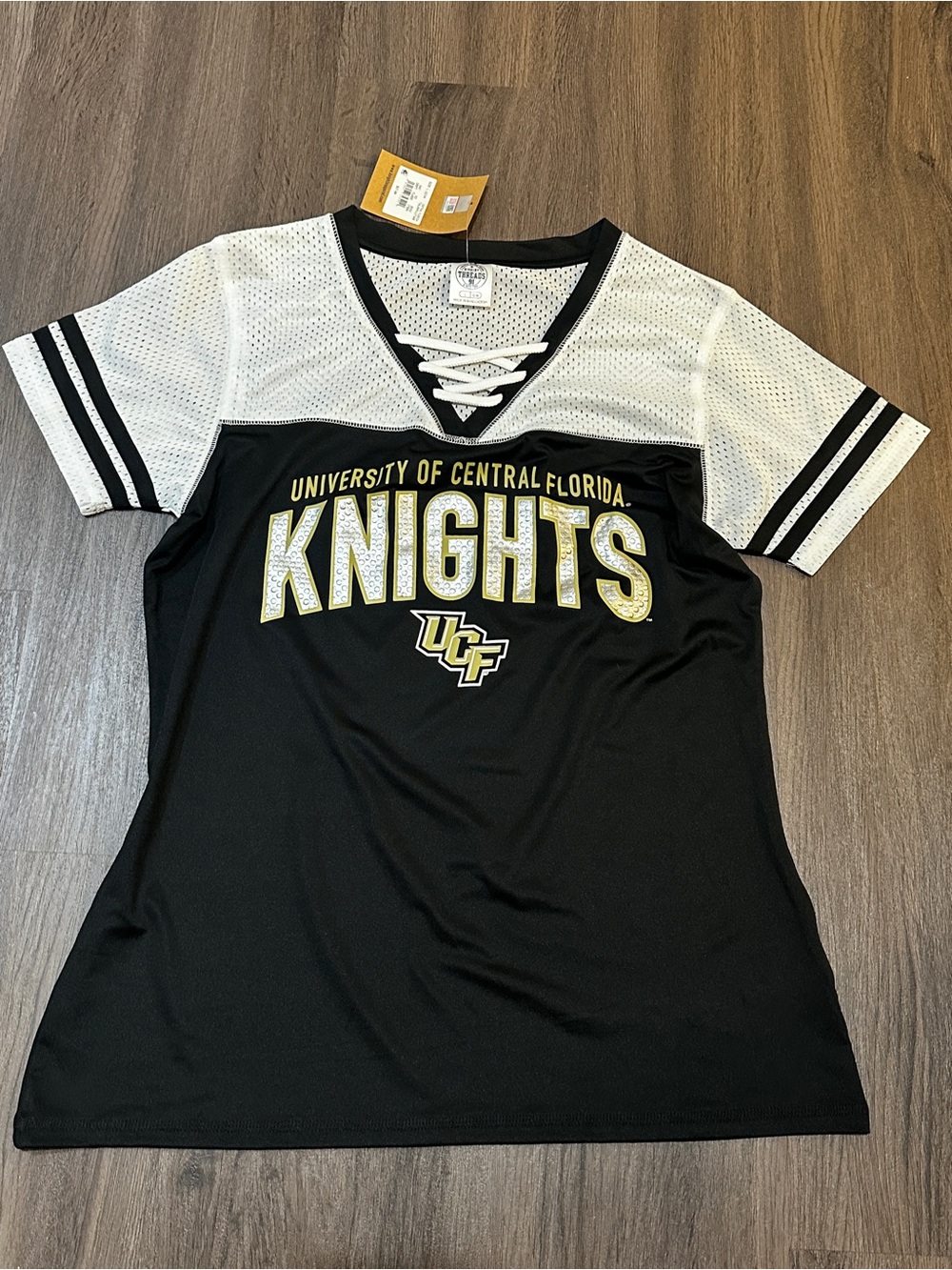 NWT UCF Knights Lace-Up Jersey Tee Women’s Large Black Gold Mesh Game Day Top